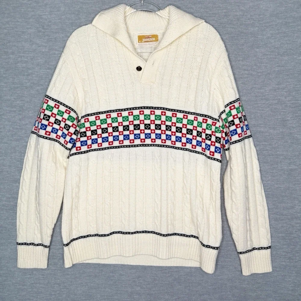 Jantzen Mens Sweater‎ Fair Isle Vintage Size XL USA Cable Knit Cream Grandpa